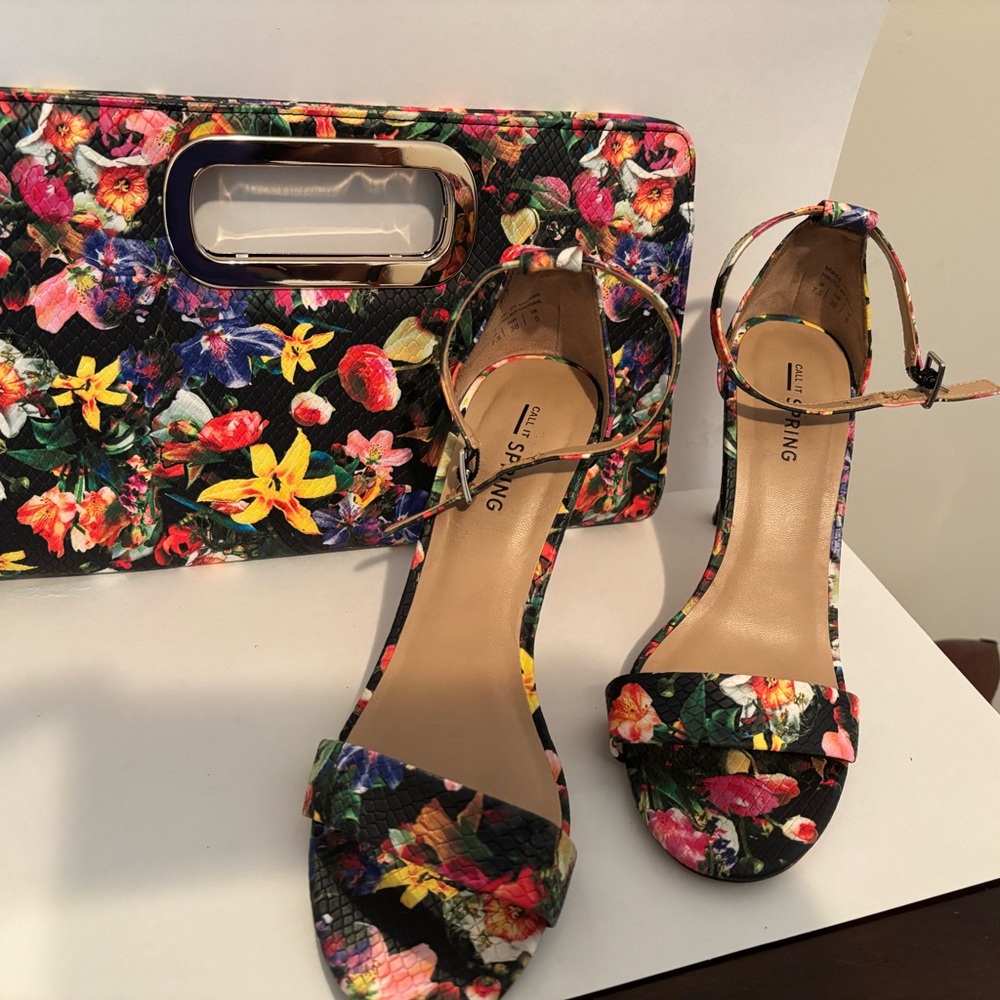 Call It Spring Multicolor Floral Heels size 7.5 matching clutch purse